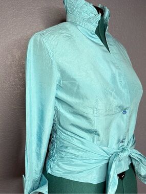 Flores & Flores 100% Silk Aqua Tie Waist Blouse Button Front V Neck Size 10